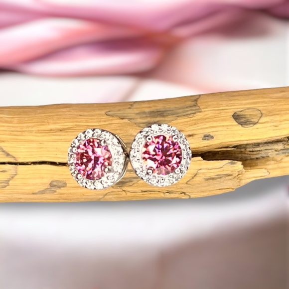 Sparkling One Carat Pink Moissanite Earrings Handcrafted Sterling Silver 925 - Picture 5 of 8